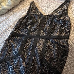 Chic Black and Champagne Floral Sequined Midi Dress 14W